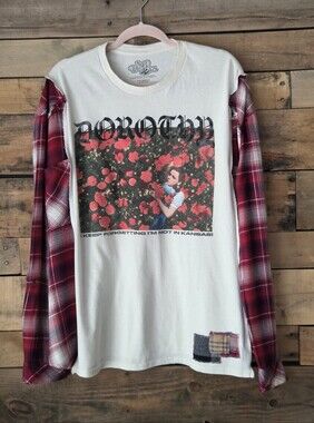 Upcycled White  DOROTHY Graphic  T-shirt  with Long Plaid Sleeves